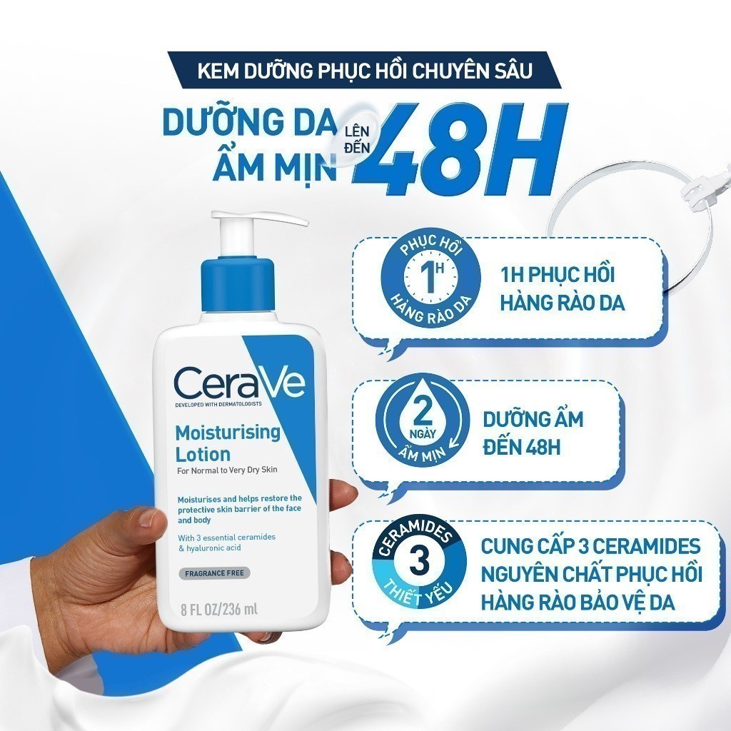 Sữa dưỡng ẩm phục hồi chuyên sâu và giữ da ẩm mịn suốt 48H, duy trì hàng rào bảo vệ da CERAVE MOISTURISING LOTION 236ML | BigBuy360 - bigbuy360.vn