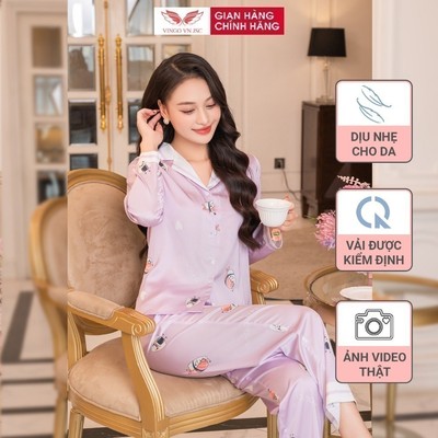Bộ ngủ nữ Pijama mặc nhà lụa VINGO/VINGORIA tay dài mùa Thu H1087