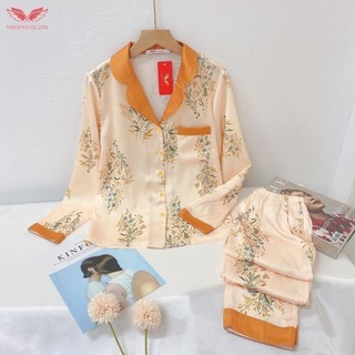  Đồ Bộ Nữ Pijama Mặc Nhà VINGO Lụa Pháp Cao Cấp Tay Dài Quần Dài Mùa Thu Đông Họa Tiết Hoa Vàng Nhỏ Thanh Lịch H595 VNGO 