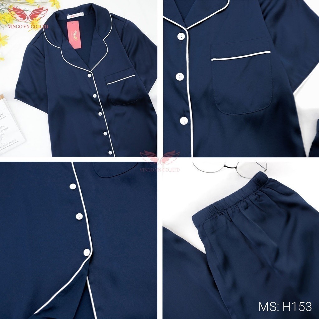 Pijama mặc nhà đồ ngủ nữ lụa Pháp VINGO/VINGORIA tay ngắn xuân hè H153