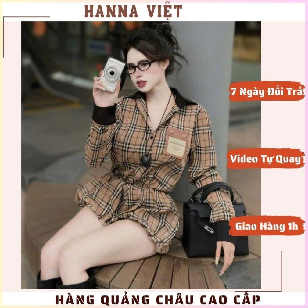 Jumpsuit Nữ, Set Đồ Nữ Sang Chảnh, Set Jump Quần Kẻ BBR Cổ Sơ Mi Mix Tay Đen Cực Sang Loại 1 Ms332