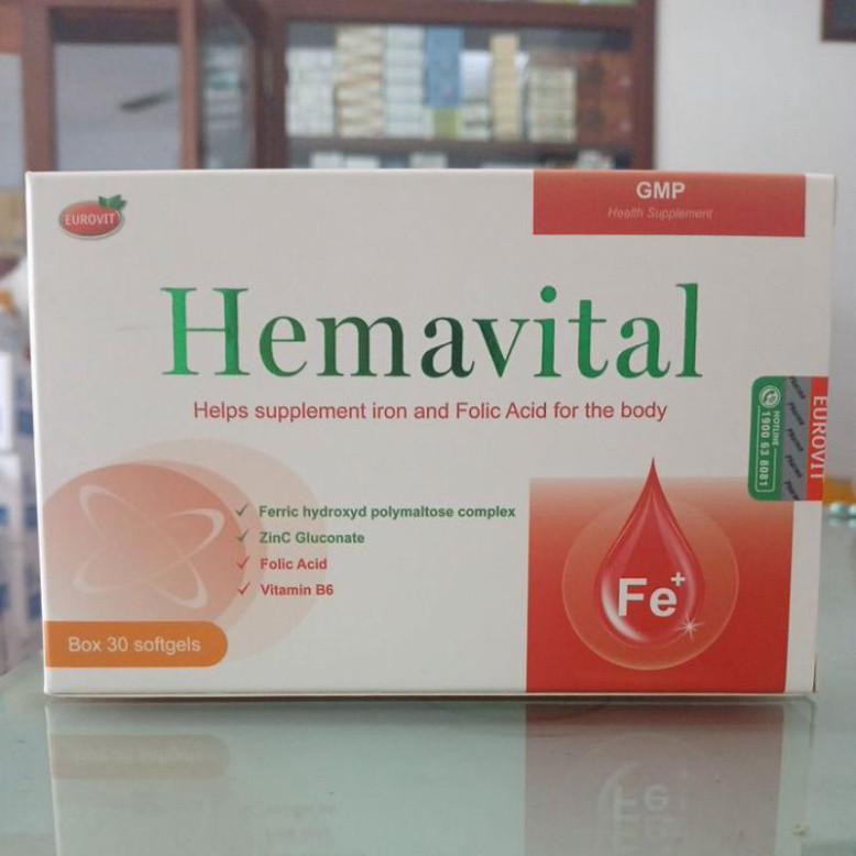 Eurovit Hemavital Hỗ trợ bổ sung sắt, Acid Folic giúp cơ thể tăng cường tạo máu, dạng hộp 30 viên.