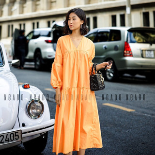 Đầm babydoll cam dài tay NGADO , đầm nữ , Đầm suông , Đầm phom rộng
