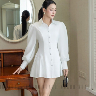 Đầm trắng cổ sơ mi tay dài NGADO , đầm kiểu , đầm sơ mi