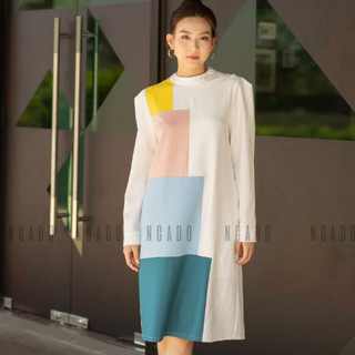 Đầm trắng phối màu cổ cao NGADO , đầm nữ , đầm thời trang , váy đi biển