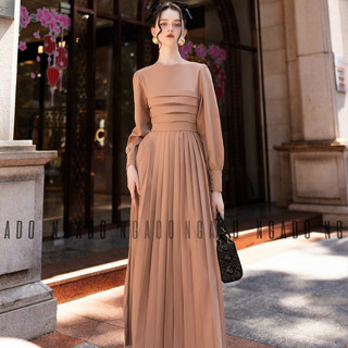 Đầm nâu xếp ly dài tay NGADO , đầm nữ , Đầm thiết kế , váy thiết kế