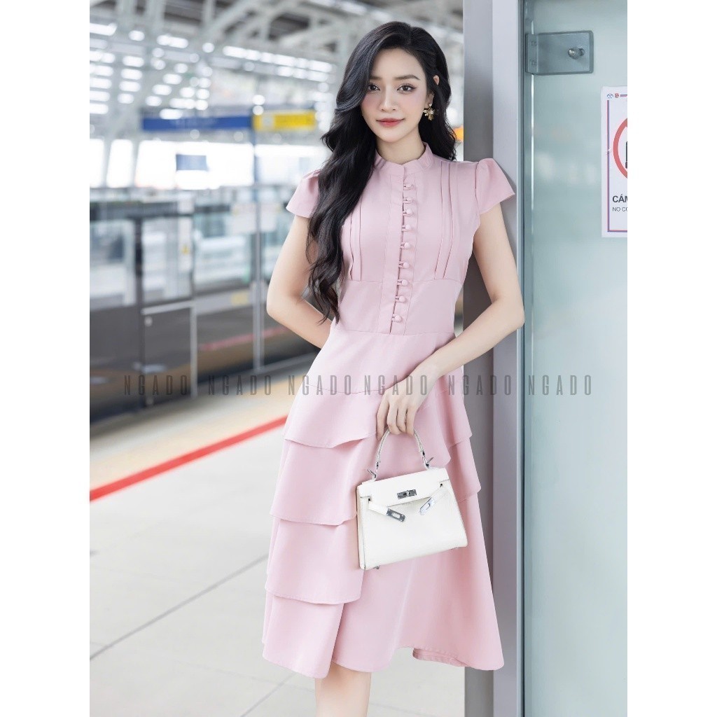 Đầm hồng ngắn tay NGADO, Đầm thiết kế, váy thiết kế