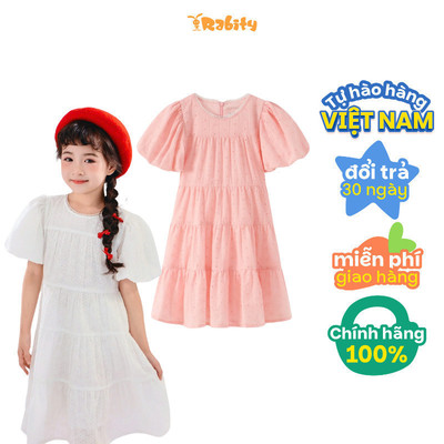   Đầm thô thêu tay phồng dáng tầng bé gái Rabity 850.002