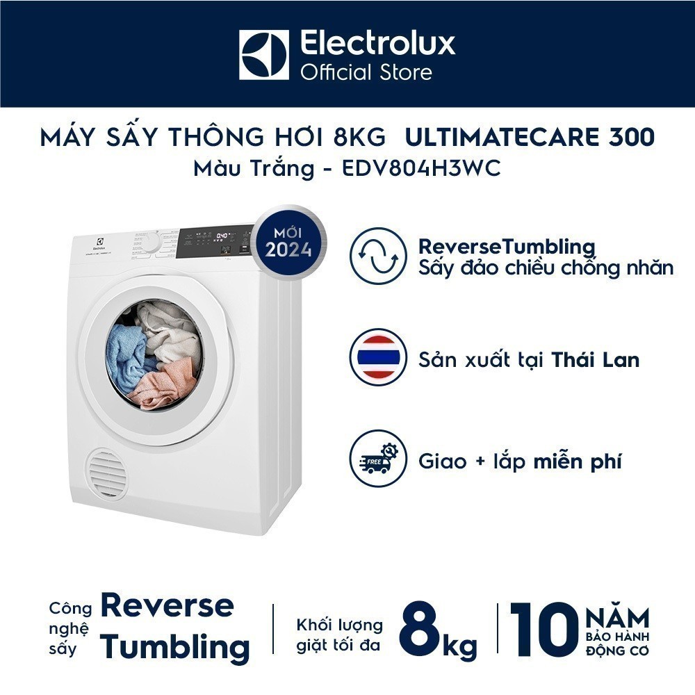 Free giao lắp - Máy sấy thông hơi 8KG Electrolux EDV804H3WC - sấy đảo chiều chống nhăn, diệt khuẩn, bền màu | BigBuy360 - bigbuy360.vn