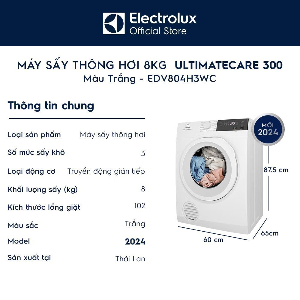 Free giao lắp - Máy sấy thông hơi 8KG Electrolux EDV804H3WC - sấy đảo chiều chống nhăn, diệt khuẩn, bền màu | BigBuy360 - bigbuy360.vn