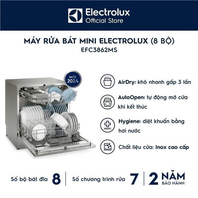 Free giao lắp - Máy rửa bát Mini 8 bộ Electrolux EFC3862MS - tự động mở cửa, sấy khô diệt khuẩn, tự vệ sinh