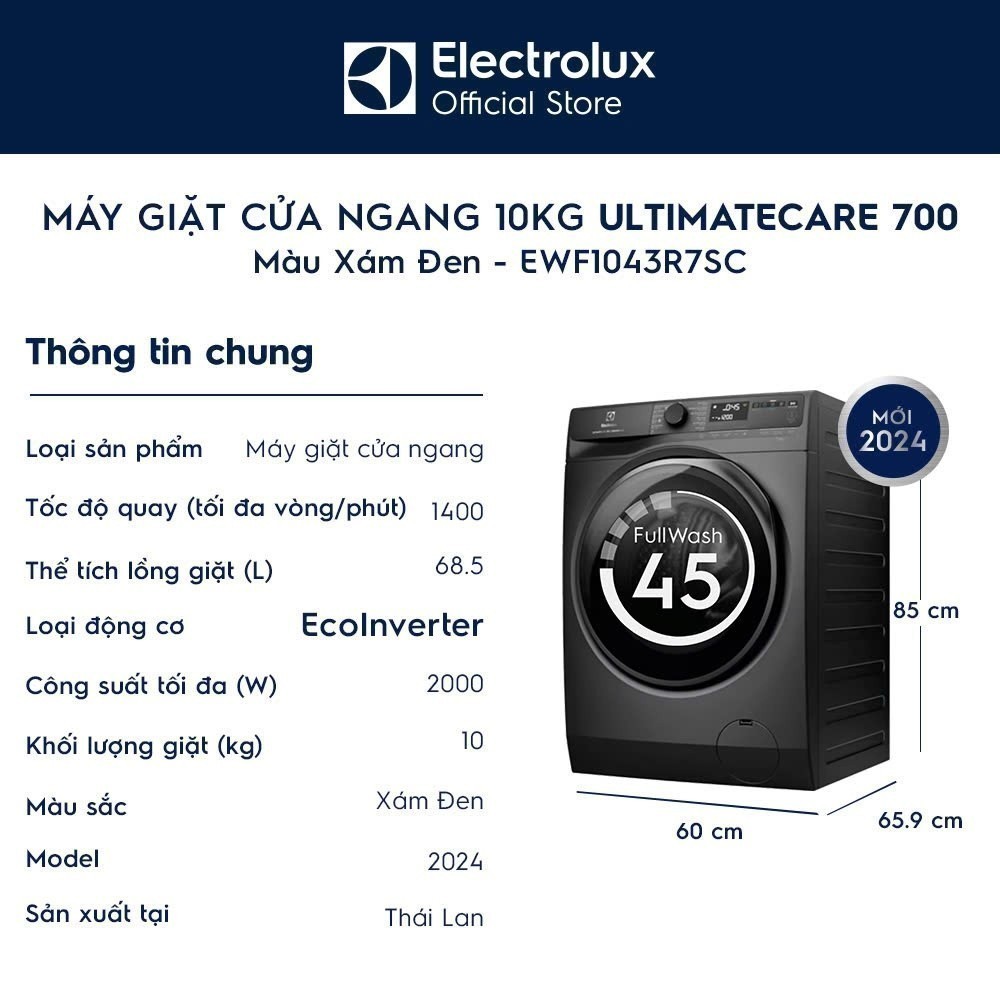 Free giao lắp - Máy giặt cửa ngang 10kg UltimateCare 700 - Xám đen Onyx EWF1043R7SC | BigBuy360 - bigbuy360.vn