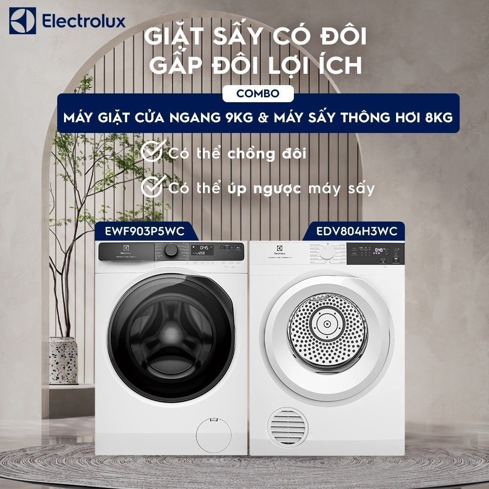 Combo máy giặt Electrolux 9kg EWF9023P5WC và máy sấy thông hơi Electrolux EDV804H3WC - Free giao lắp