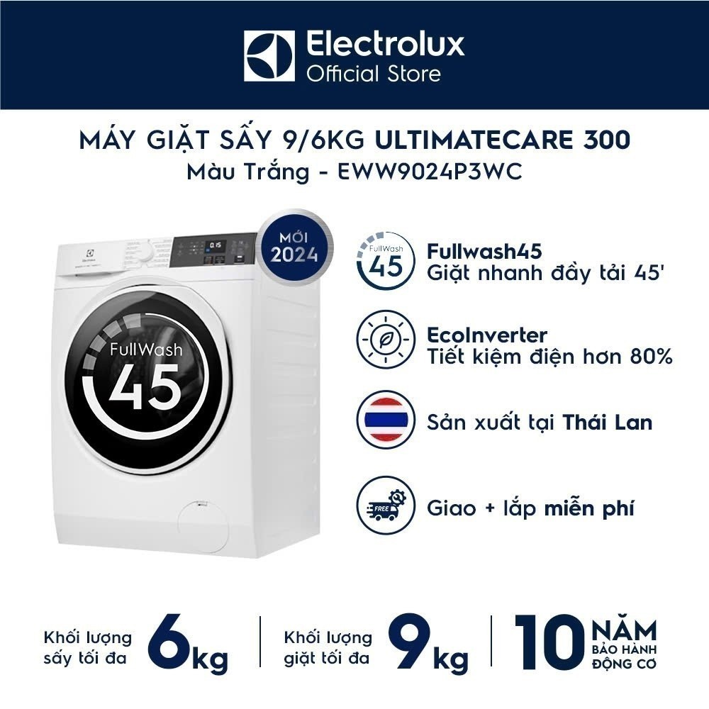 Free giao lắp - Máy giặt sấy 9/6KG Electrolux S300 EWW9024P3WC - giặt đẩy tải 45 phút, diệt khuẩn, E