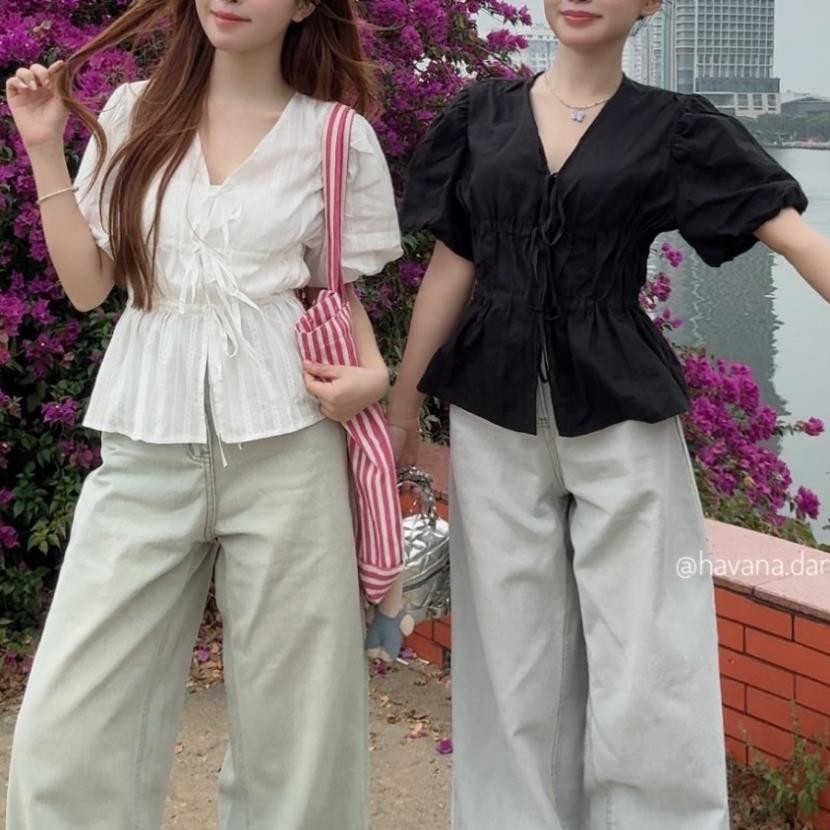 Áo babydoll MONA Tay bồng, Dáng xòe nhẹ, phối dây buộc AO476