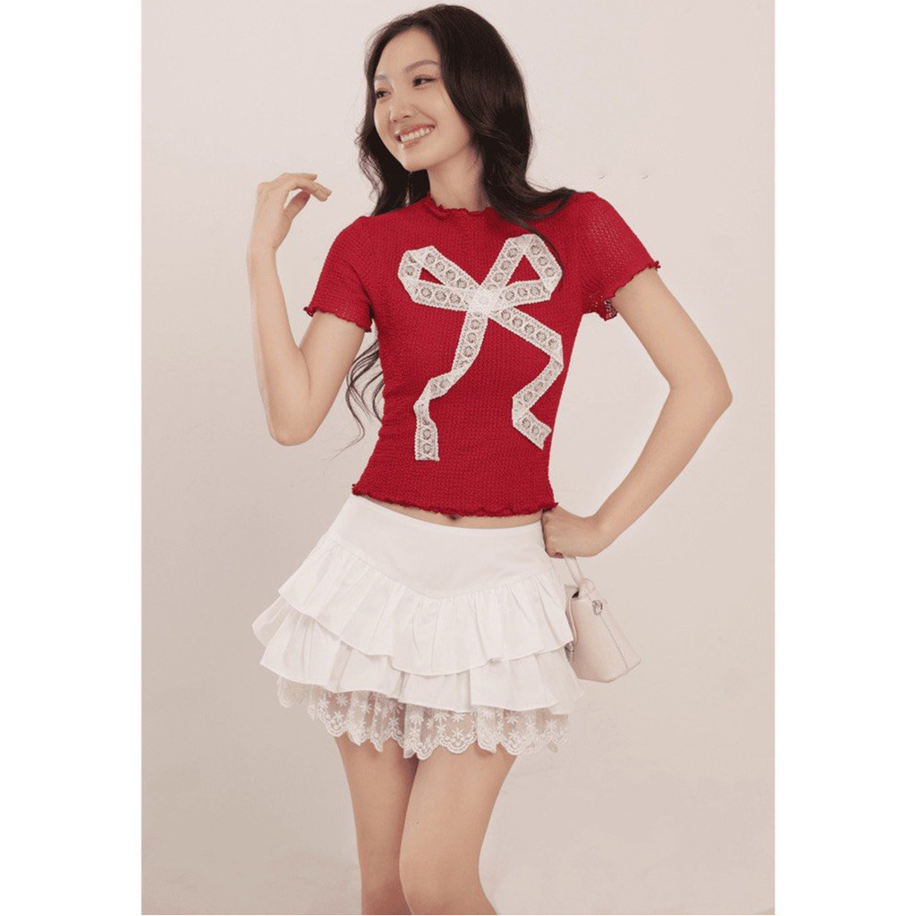 Áo Kiểu Tay Ngắn Viền Bèo TaiducStore Đính Nơ Ren Dễ Thương A51106