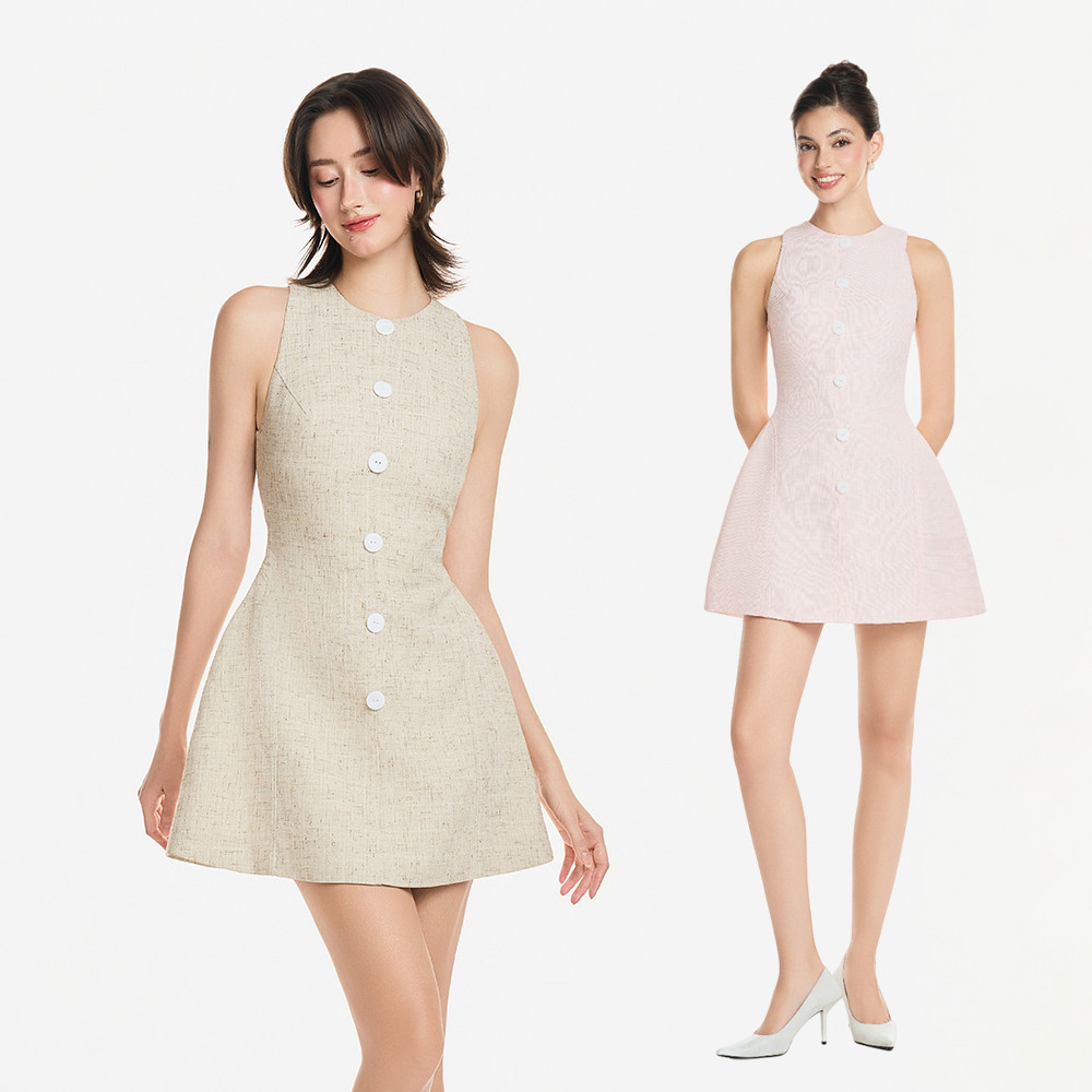 RECHIC Đầm ngắn Geline dáng A chiết eo phối cúc sát nách thanh lịch công sở