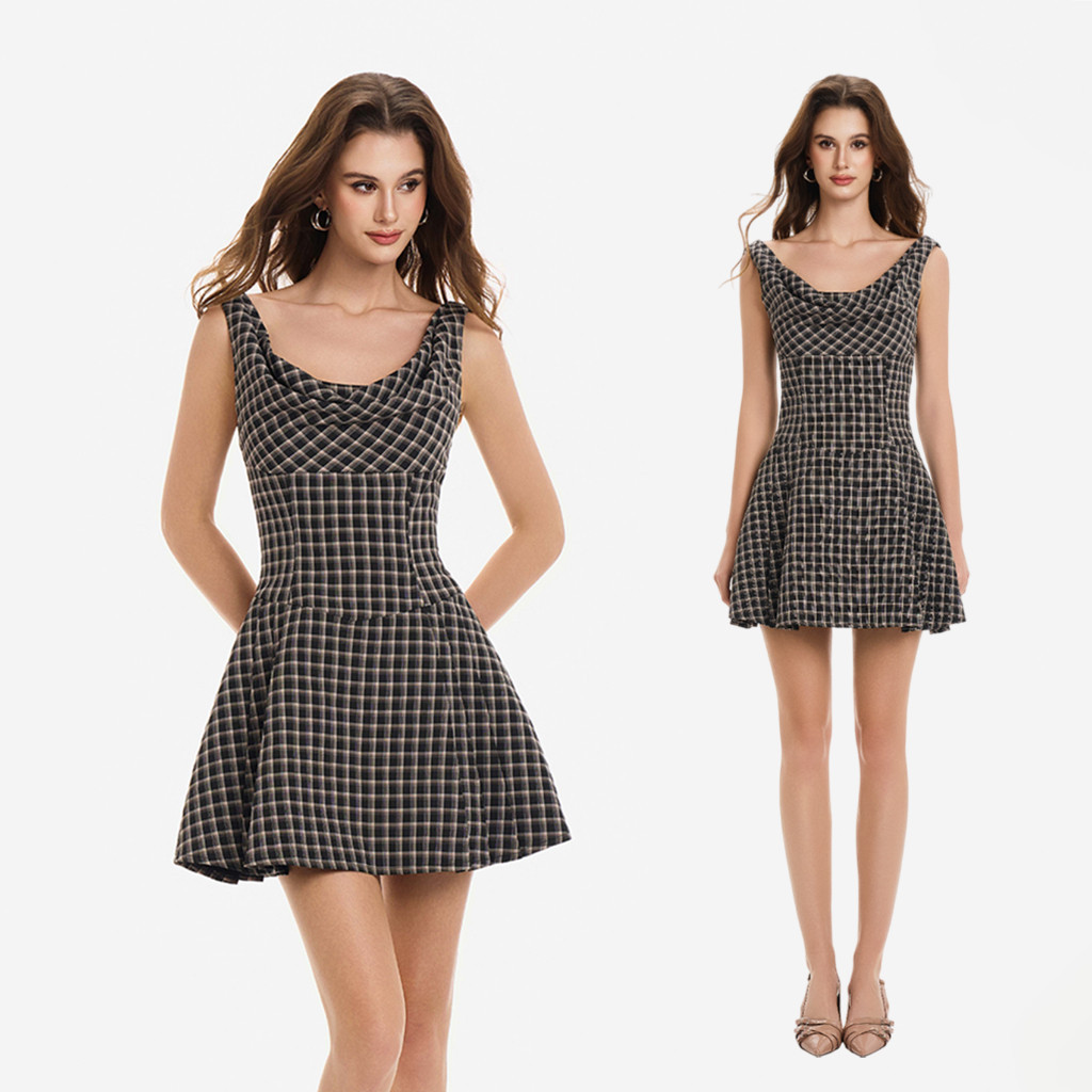 RECHIC Đầm ngắn Prosper dáng xòe cổ đổ nhẹ chiết eo thanh lịch điệu đà