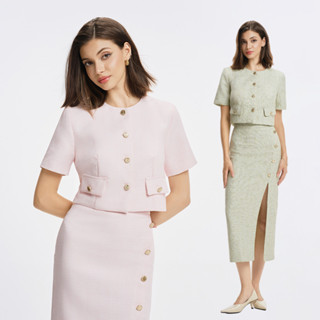 RECHIC Áo kiểu Naly dáng croptop tay ngắn cổ tròn phối nắp túi thanh lịch