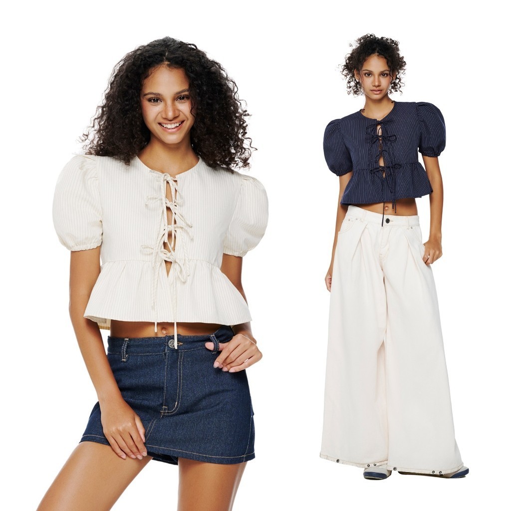 CARA Áo croptop tay phồng nữ Orion dáng peplum màu sọc năng động