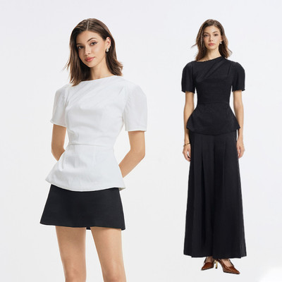 RECHIC Áo kiểu Capir dáng peplum chiết eo nhấn vai tay bồng sang trọng thanh lịch công sở