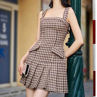 RECHIC Đầm Tweed Monpetit xòe xếp ly dịu dàng chiết eo chữ A tiểu thư Hàn Quốc sang trọng