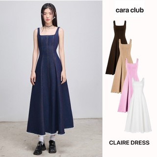 CARA Đầm jean dài hai dây Claire dáng xòe cổ vuông chiết eo cá tính