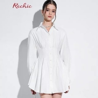 RECHIC Đầm Ngắn Fendy kiểu dáng sơ mi tay dài chiết eo đơn giản thời thượng