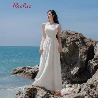 RECHIC Đầm 2 dây nữ Mikes chiết eo đính hoa ngực sang trọng nữ tính tiểu thư