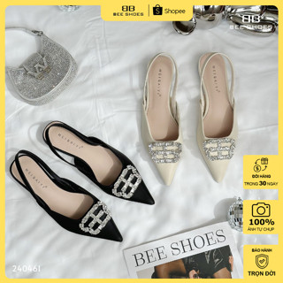 Giày cao gót nữ BEE SHOES da mịn lì mũi nhọn khuy đá gót bệt 2cm - 240461