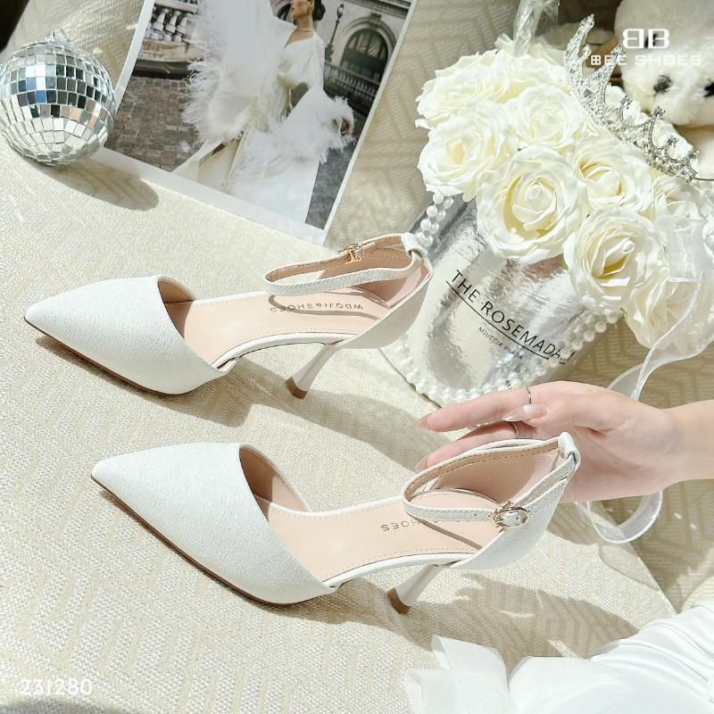 BEESHOES - GIÀY CAO GÓT NỮ MŨI NHỌN - GIÀY CAO GÓT NỮ GÓT NHỌN CAO 7 PHÂN SẴN MÀU TRẮNG 231280 ( FOR