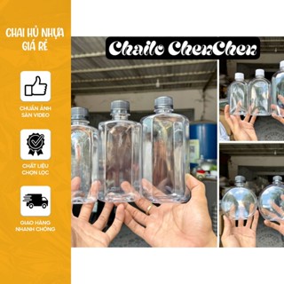 Combo 50 chai nhựa dáng dẹp các loại 250ml 330ml 500ml – kèm nắp đựng thực phẩm, nước ép, trà sữa