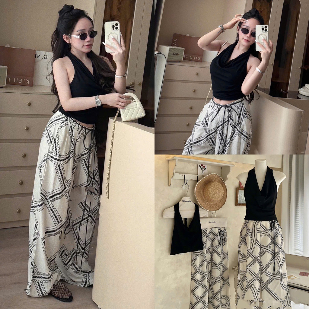 Set Áo Yếm Cotton Ôm Body Mix Quần Suông Manggo Họa Tiết Sang Trọng (Ảnh Thật Trải Sàn) Lollaye