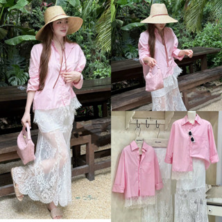 [Hàng Hot]: Set Áo Sơ Mi Hồng Phấn Pha Ren Trắng Mix Chân Váy Ren Đuôi Cá Dáng Dài 2 Lớp Style Cá Tính Mà Nhẹ Nhàng