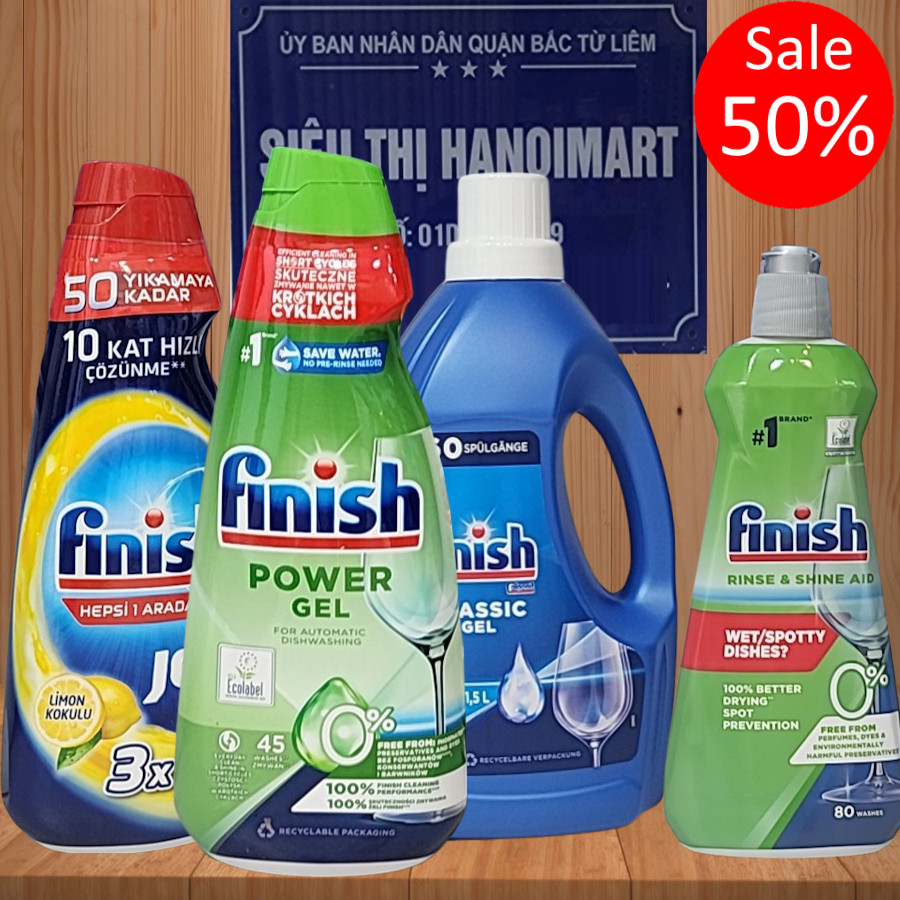 Gel rửa bát Finish Eco 0% hữu cơ 900ml chính hãng dùng cho máy rửa bát làm sạch làm, đánh bóng, sấy khô và mềm nước