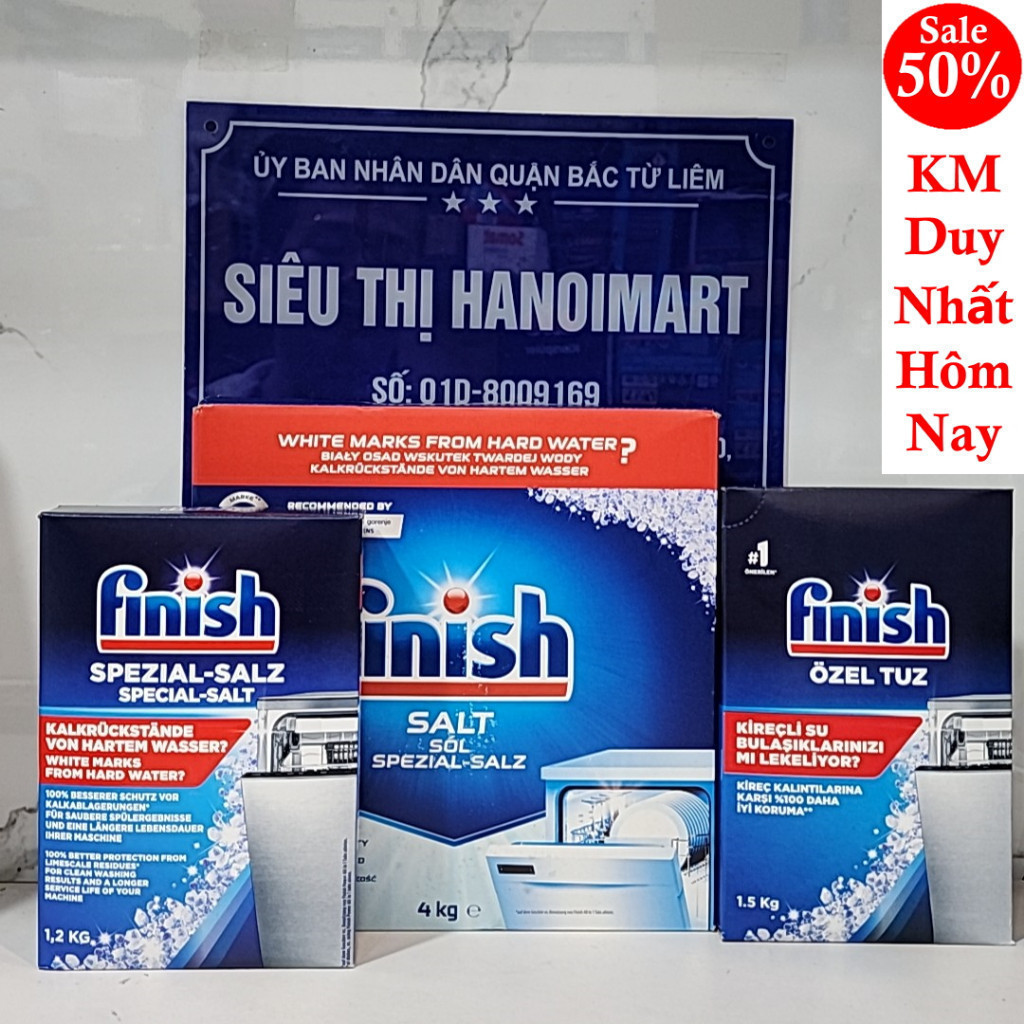 Muối rửa bát finish 1kg, 1.2kg muối finish 1.5kg, 4kg, 2kg muối làm mềm nước finish cho máy rửa chén