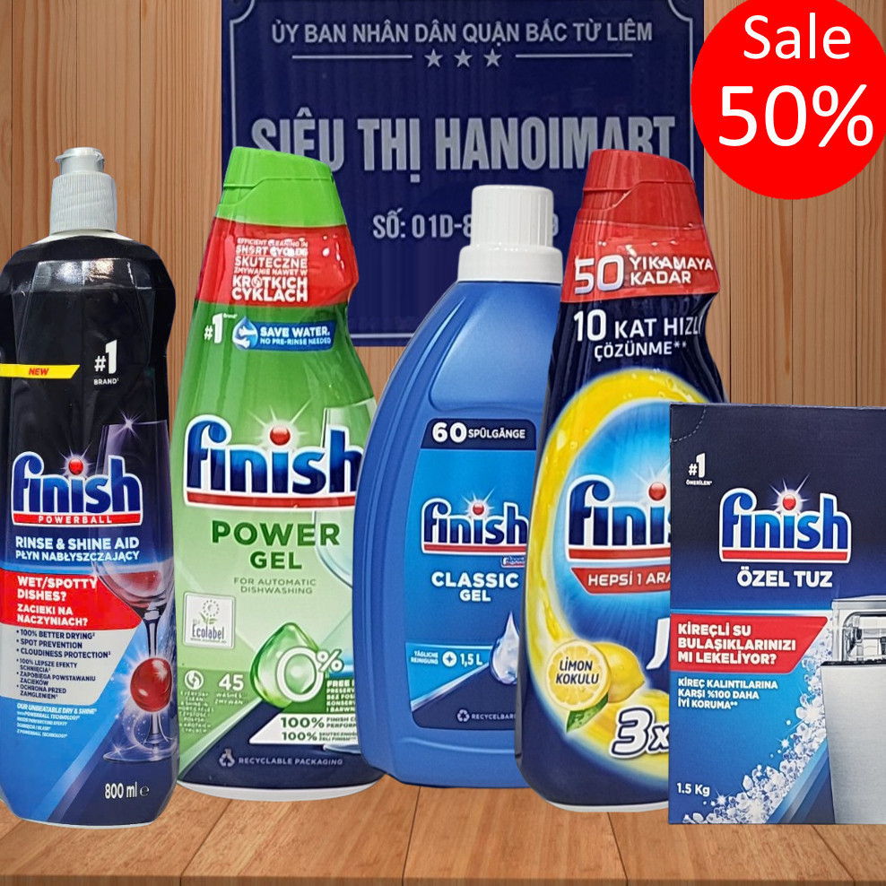 Combo Nước rửa bát Finish Gel Đức EU 1L + muối finish 1kg + nước làm bóng finish 800ml cho máy