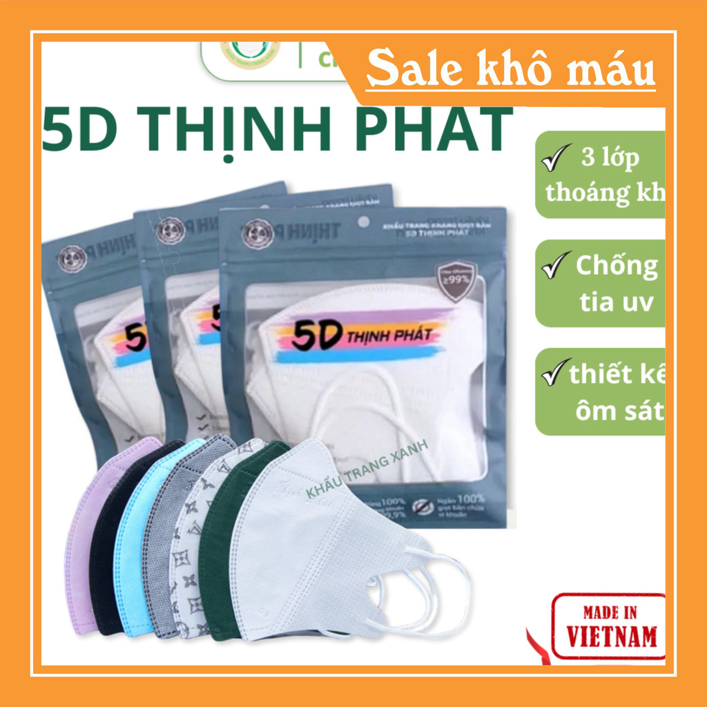 Khẩu Trang 5D THỊNH PHÁT Đủ Màu, 3 Lớp Kháng Khuẩn Chống Bụi Mịn Dễ Thở