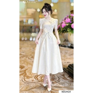  Váy Tiểu Thư MDU4424 Chất Liệu Gấm Milan Họa Tiết Hoa Cùng Thắt Nơ Eo Tinh Tế Từ MDU 