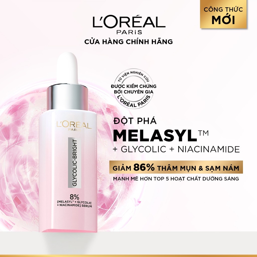 Bộ chăm sóc hỗ trợ dưỡng sáng da mờ thâm nám L'oreal Paris Serum Glycolic melasyl 8% 30ml & Kem đêm Glycolic Bright 50ml | BigBuy360 - bigbuy360.vn