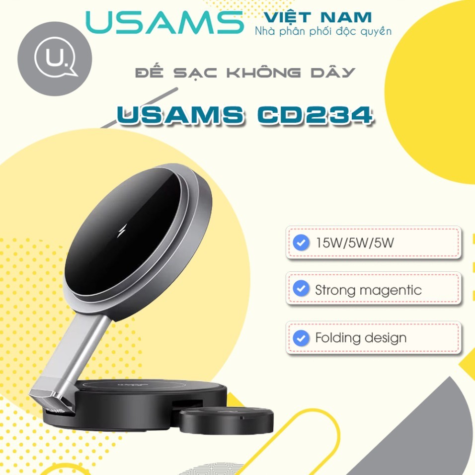 Đế Sạc Nhanh Không Dây USAMS CD234 15W 3 IN 1 Magnetic Wireless Charger