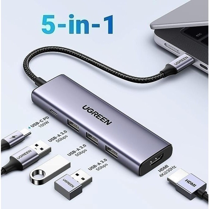 Hub chuyển đổi Type C Ugreen 5 in 1 | Vỏ nhôm cao cấp | Truyền tải nhanh chóng | BH 18 tháng 1 đổi 1 | 15596 15597 15495 | BigBuy360 - bigbuy360.vn