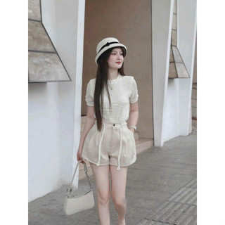 {tăng quà} Set đồ nữ Áo ren tổ ong 2 lớp ngắn tay (kèm lót) mix quần short kaki năng động