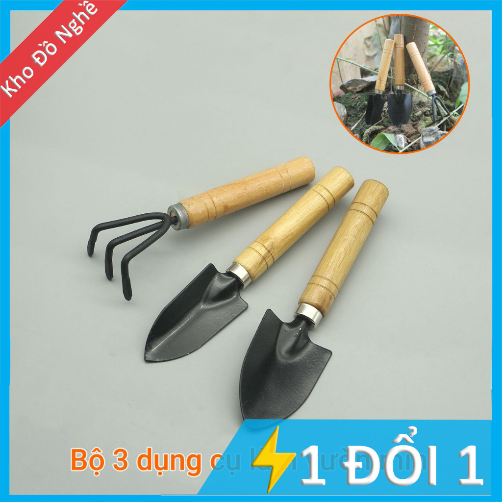 Bộ 3 món dụng cụ xẻng làm vườn mini cán gỗ (Xẻng Làm Vườn - Xới Đất - Cào Đất)