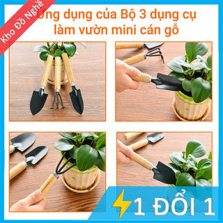 Bộ 3 món dụng cụ xẻng làm vườn mini cán gỗ (Xẻng Làm Vườn - Xới Đất - Cào Đất)