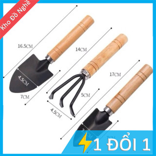 Bộ 3 món dụng cụ xẻng làm vườn mini cán gỗ (Xẻng Làm Vườn - Xới Đất - Cào Đất)