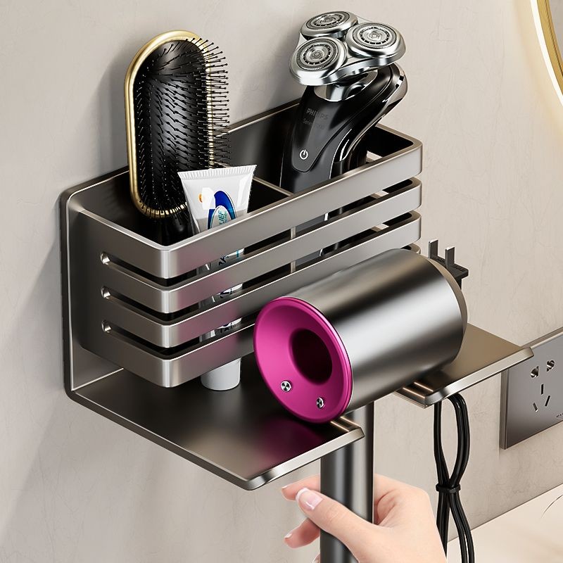 Giá đỡ máy sấy tóc màu xám Jijia Gun, giá treo máy sấy tóc không cần khoan, giá treo lược