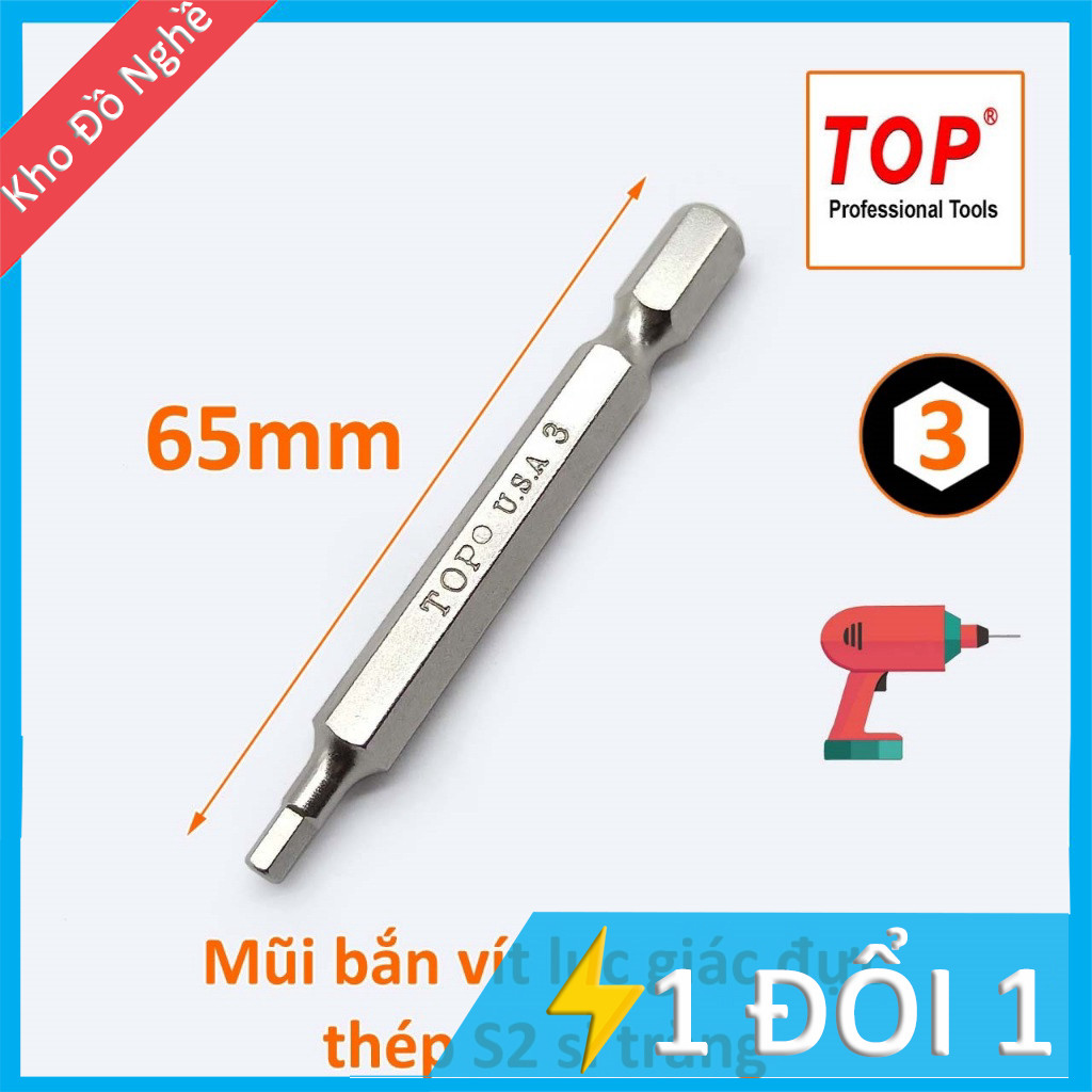Đầu bắt vít lục giác đực dài 65 mm chuôi lục TOP USA