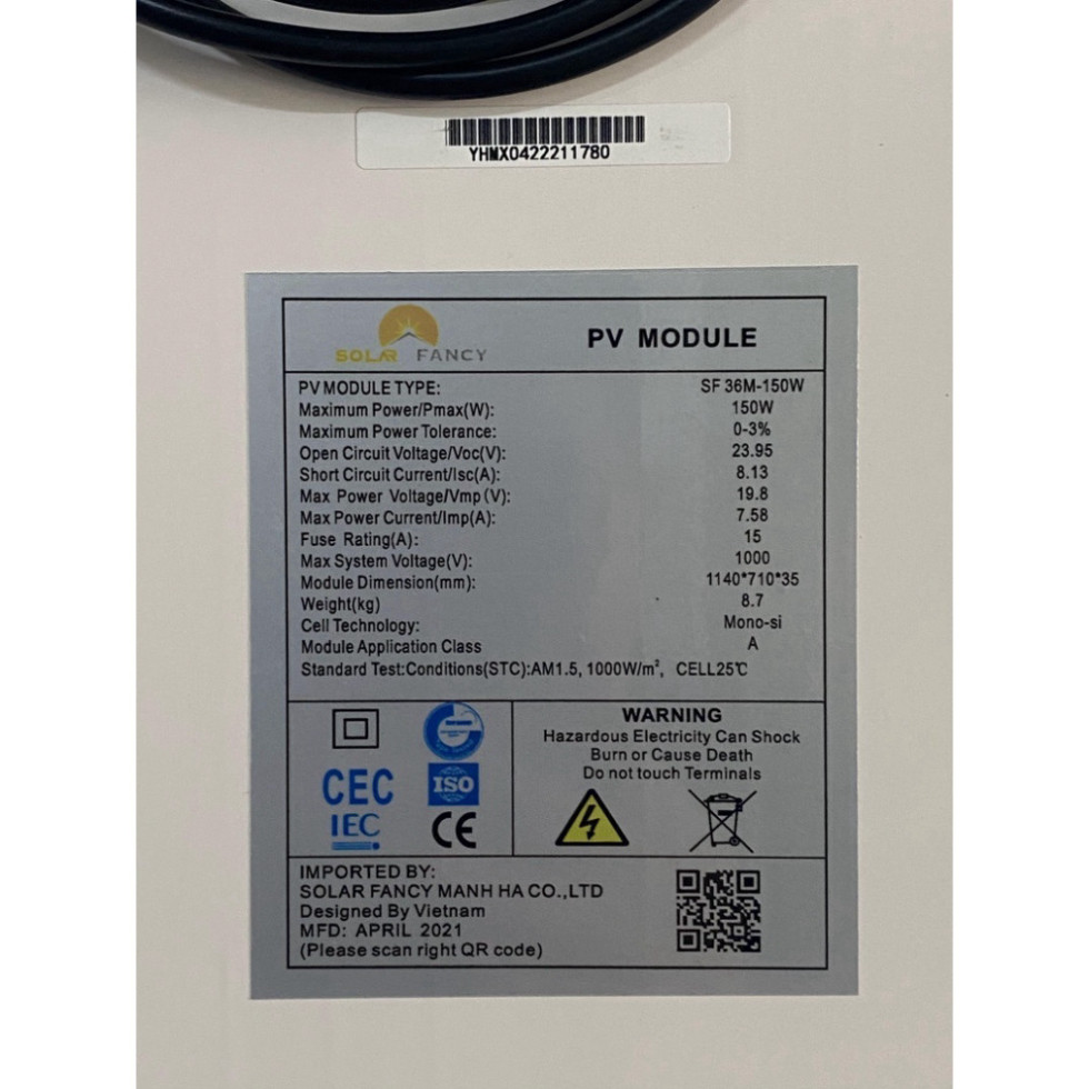 Tấm Pin Mặt Trời 150W mono Solar Fancy Hàng chuẩn loại A( Hiệu xuất cao), Tấm Pin Mặt Trời 150W mono