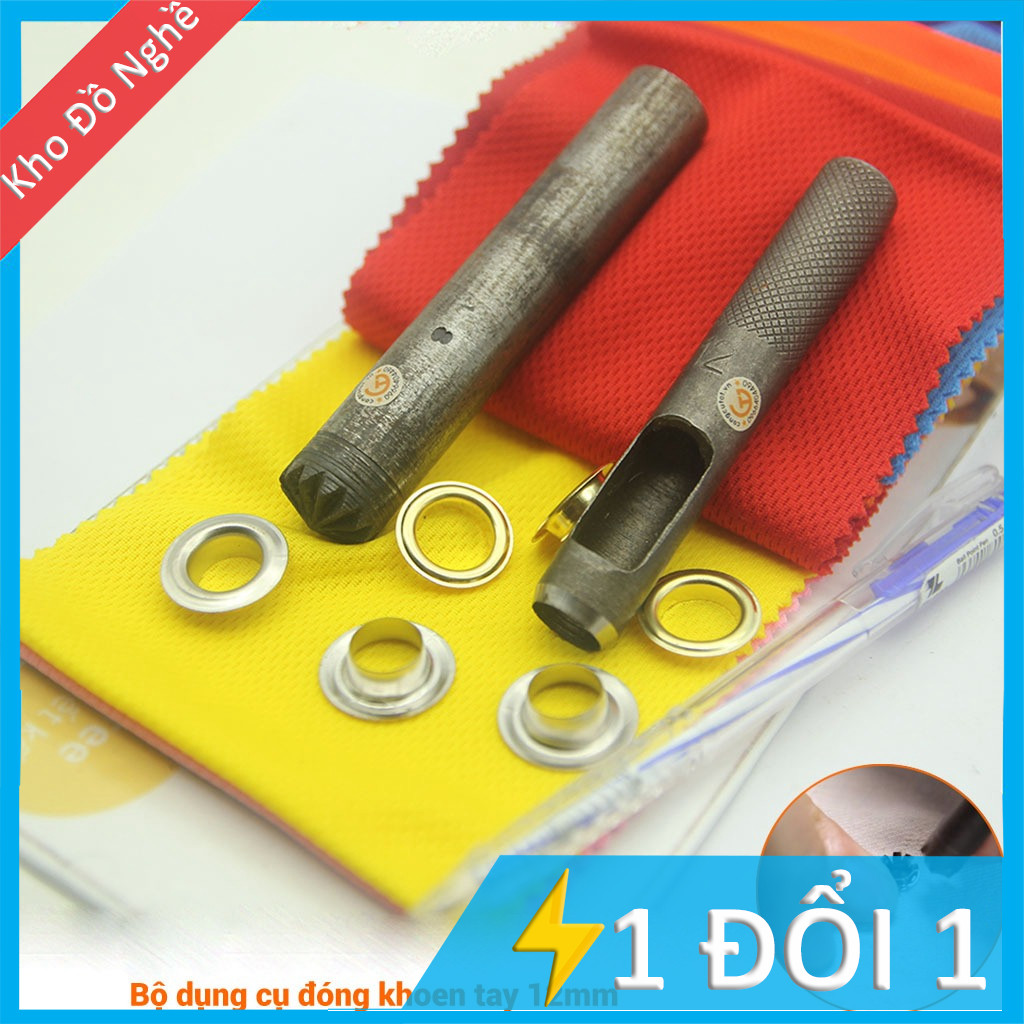 Bộ dụng cụ đóng khoen ore, mắt cáo tán chẻ 12mm (gồm 1 đục lỗ và 1 đục bông) dùng cho tấm bạt, vải, 